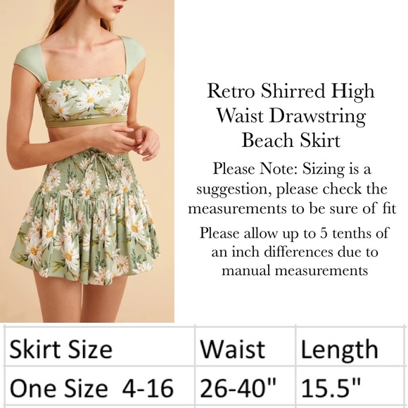 Retro Pale Green Floral Shirred High Waist Drawstring Beach Skirt - Picture 16 of 16